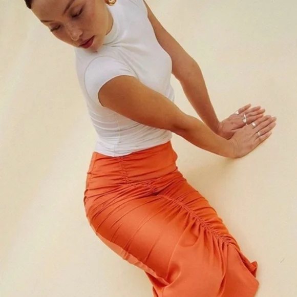 🆕THE LINE BY K ORANGE SISILIA ADJUSTABLE LENGTH MIDI SKIRT ASYMMETRICAL RUCHING - Picture 3 of 9
